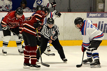 BIDMC patient Simon Thomas, far right, competing in a 2018 European hockey tournament