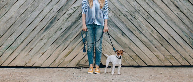 woman standing with small dog
