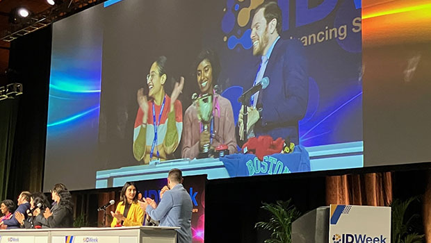  Dr. Abarna Pearl, Dr. Jaspreet Banga and resident Dr. Noah Rosenberg at Bug Bowl at IDWeek2023