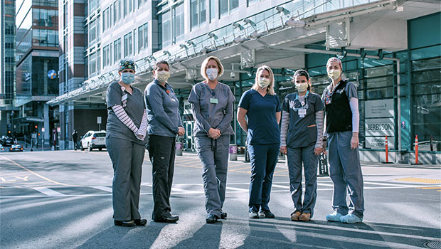 BIDMC nurses stand outside hospital