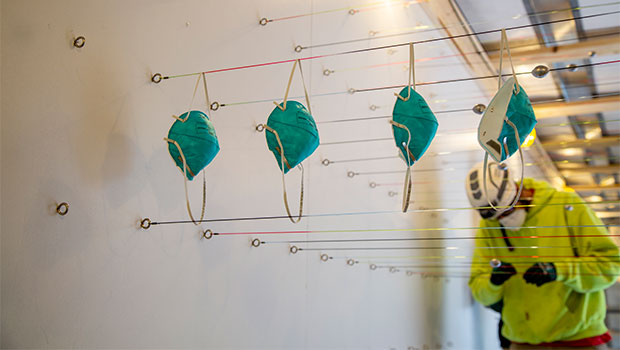 Medical masks hanging on a line
